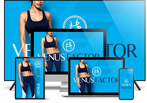 Venus Factor Body Sculpting Program promotional graphic displayed on desktop, tablet and phone