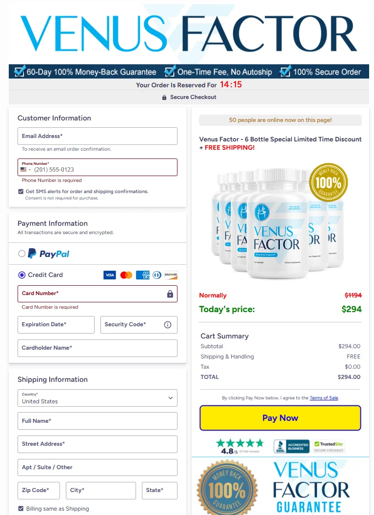 Venus Factor checkout example showing a six-bottle order and payment form